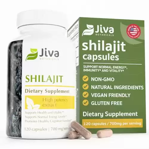 Jiva Botanicals Premium Shilajit Supplement 700 mg - Shilajit Capsules Extract with Minerals, Fulvic/Humic Acid, Shilajit Powder for Immune Support, Digestion & Strong Muscle - 120 Vegan Capsule